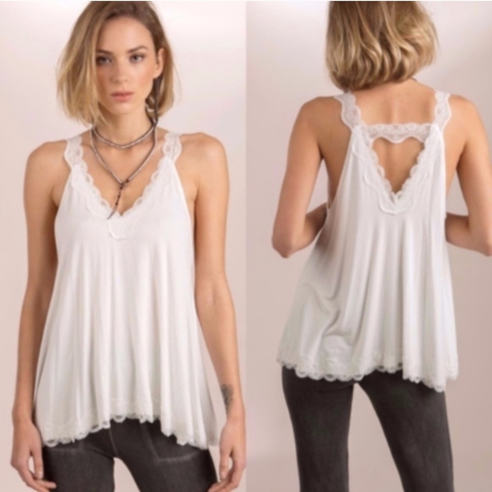POL Womens Satin White Lace Trim Tank Top